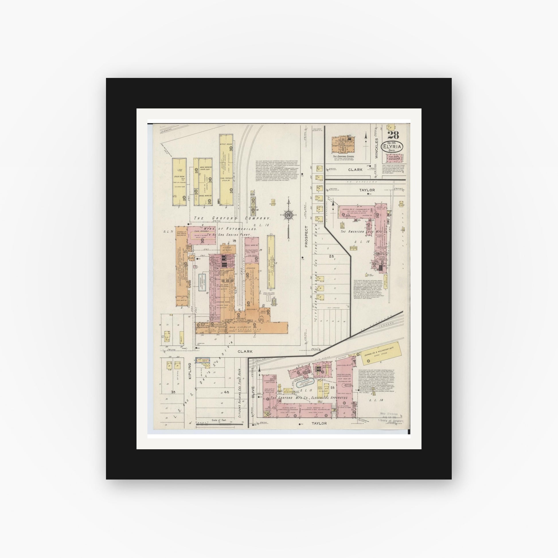 Old map wall art mockup — black gallery frame with white mat — Sanborn Fire Insurance Map from Elyria, Lorain County, Ohio (1915), Sheet #0028