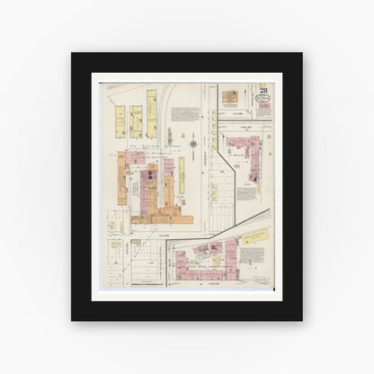 Old map wall art mockup — black gallery frame with white mat — Sanborn Fire Insurance Map from Elyria, Lorain County, Ohio (1915), Sheet #0028