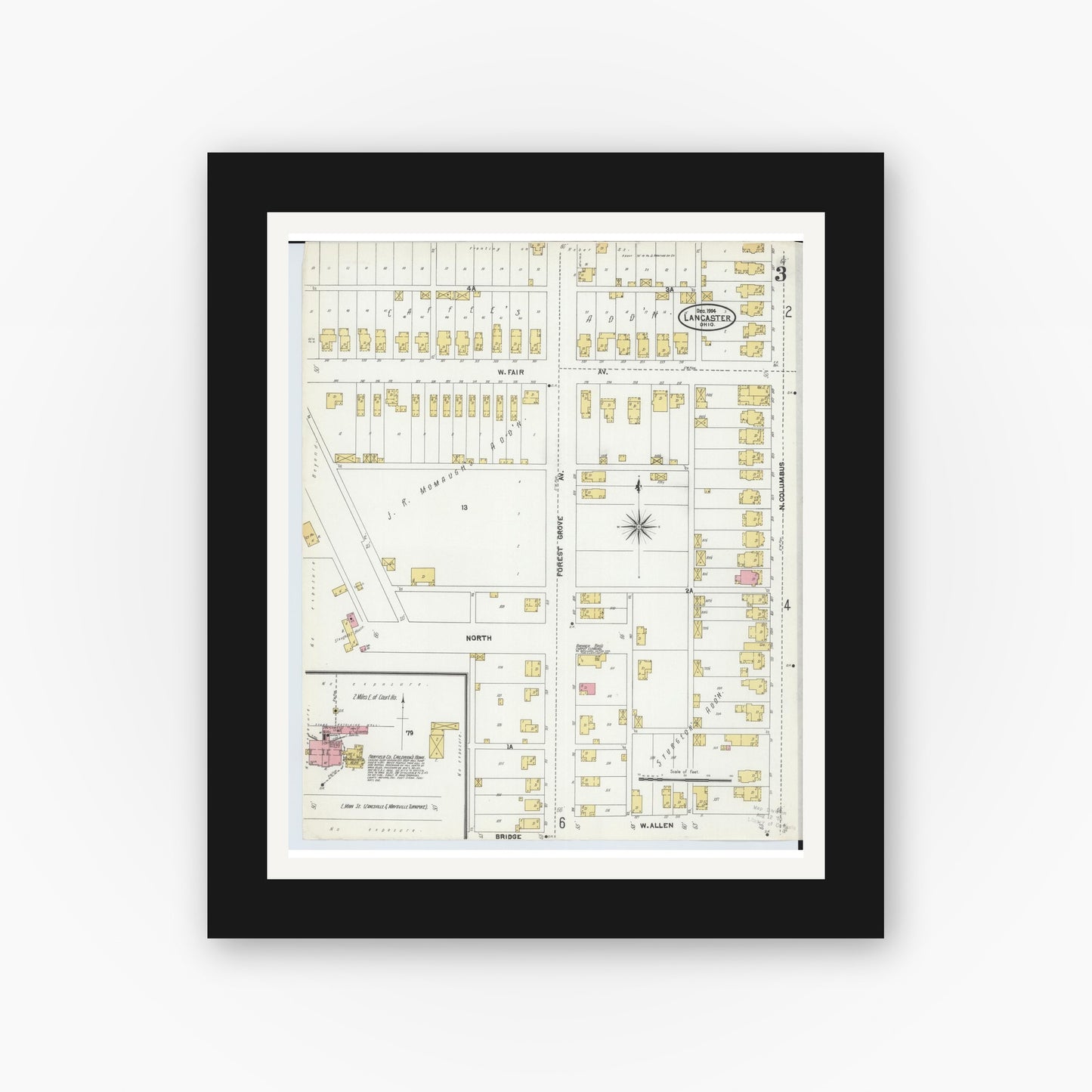 Old map wall art mockup — black gallery frame with white mat — Sanborn Fire Insurance Map from Lancaster, Fairfield County, Ohio (1904), Sheet #0003