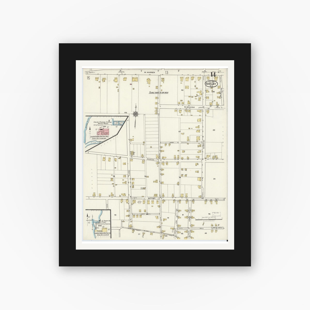 Old map wall art mockup — black gallery frame with white mat — Sanborn Fire Insurance Map from Shelby, Cleveland County, North Carolina (1921), Sheet #0014