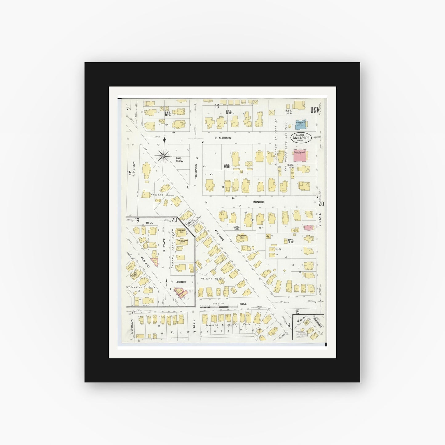 Old map wall art mockup — black gallery frame with white mat — Sanborn Fire Insurance Map from Ann Arbor, Washtenaw County, Michigan (1908), Sheet #0019