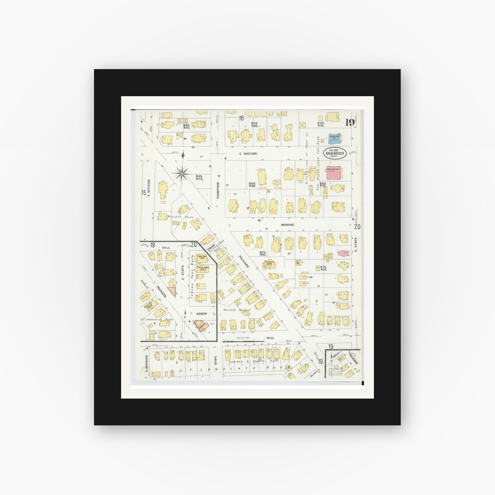 Old map wall art mockup — black gallery frame with white mat — Sanborn Fire Insurance Map from Ann Arbor, Washtenaw County, Michigan (1908), Sheet #0019