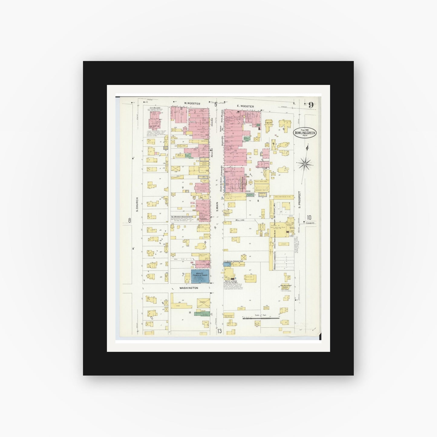 Old map wall art mockup — black gallery frame with white mat — Sanborn Fire Insurance Map from Bowling Green, Wood County, Ohio (1908), Sheet #0009