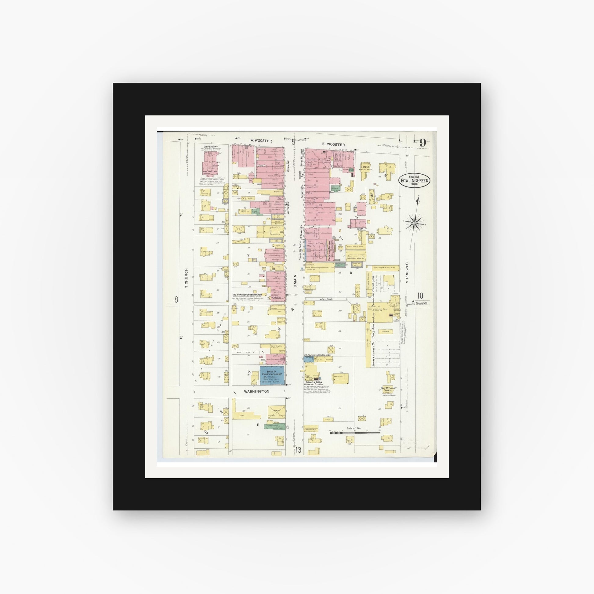 Old map wall art mockup — black gallery frame with white mat — Sanborn Fire Insurance Map from Bowling Green, Wood County, Ohio (1908), Sheet #0009