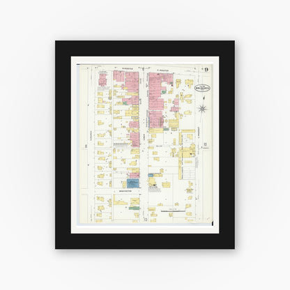 Old map wall art mockup — black gallery frame with white mat — Sanborn Fire Insurance Map from Bowling Green, Wood County, Ohio (1908), Sheet #0009