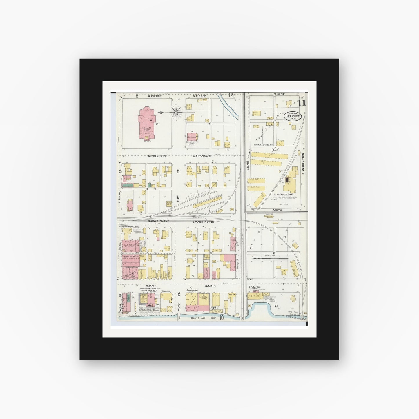 Old map wall art mockup — black gallery frame with white mat — Sanborn Fire Insurance Map from Delphos, Van Wert And Allen Counties, Ohio (1904), Sheet #0011
