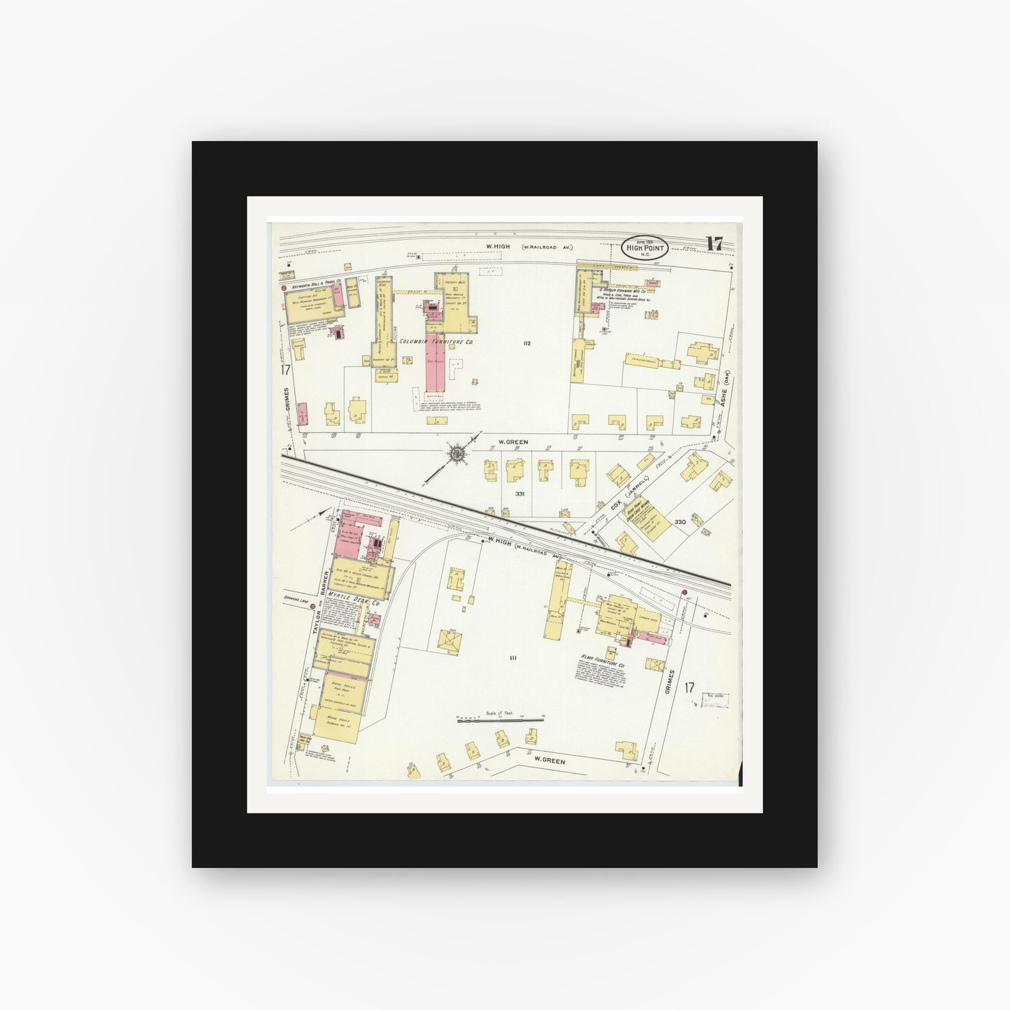 Old map wall art mockup — black gallery frame with white mat — Sanborn Fire Insurance Map from High Point, Guilford County, North Carolina (1911), Sheet #0017