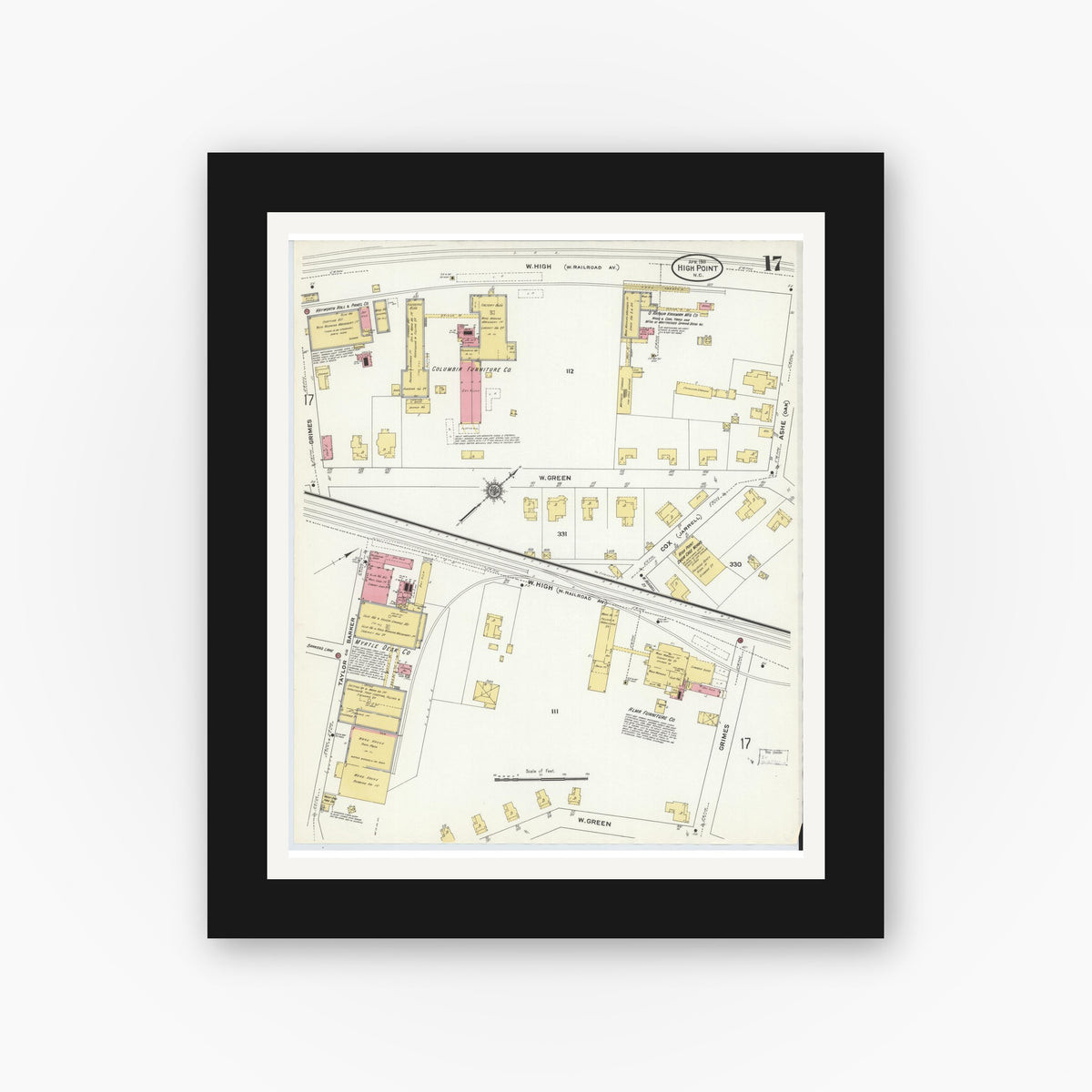 Old map wall art mockup — black gallery frame with white mat — Sanborn Fire Insurance Map from High Point, Guilford County, North Carolina (1911), Sheet #0017