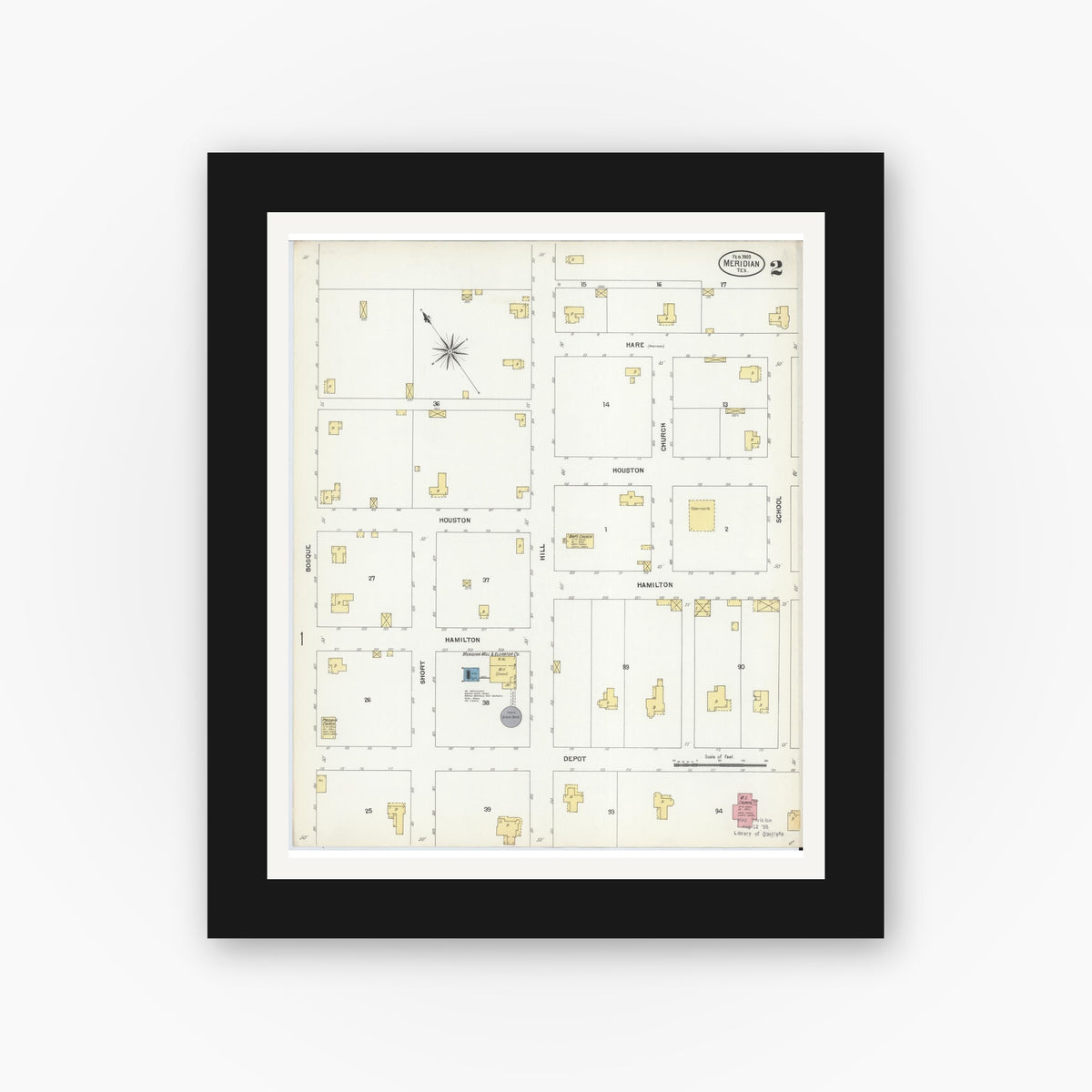 Old map wall art mockup — black gallery frame with white mat — Sanborn Fire Insurance Map from Meridian, Bosque County, Texas (1903), Sheet #0002
