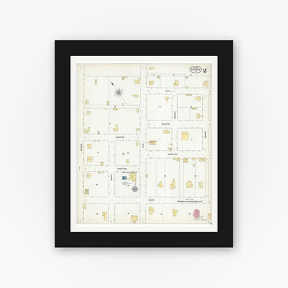 Old map wall art mockup — black gallery frame with white mat — Sanborn Fire Insurance Map from Meridian, Bosque County, Texas (1903), Sheet #0002