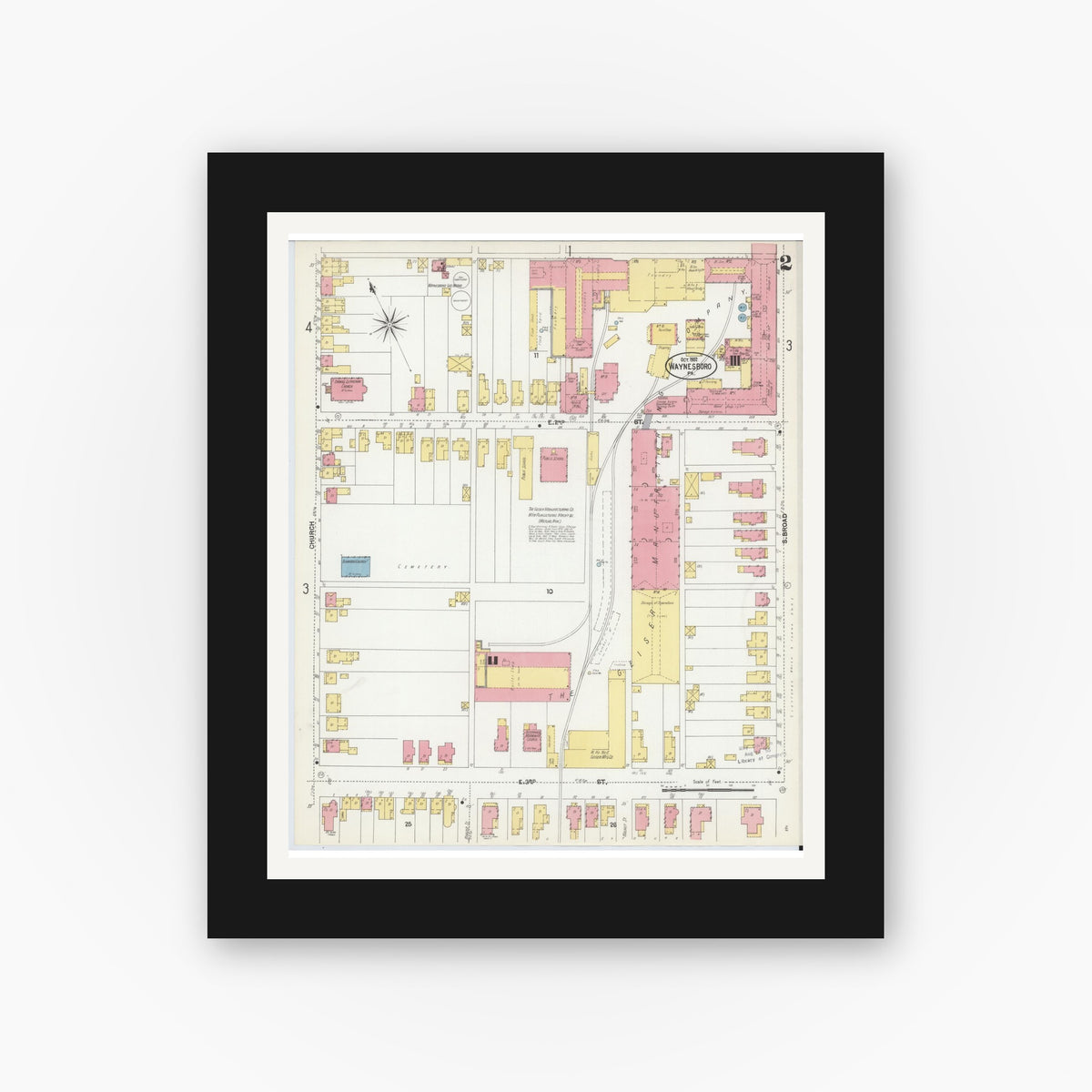 Old map wall art mockup — black gallery frame with white mat — Sanborn Fire Insurance Map from Waynesboro, Franklin County, Pennsylvania (1902), Sheet #0002