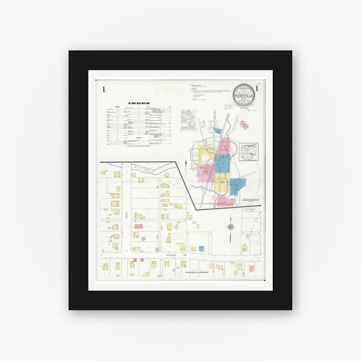 Old map wall art mockup — black gallery frame with white mat — Sanborn Fire Insurance Map from Roseville, Perry And Muskingum Counties, Ohio (1930), Sheet #0001