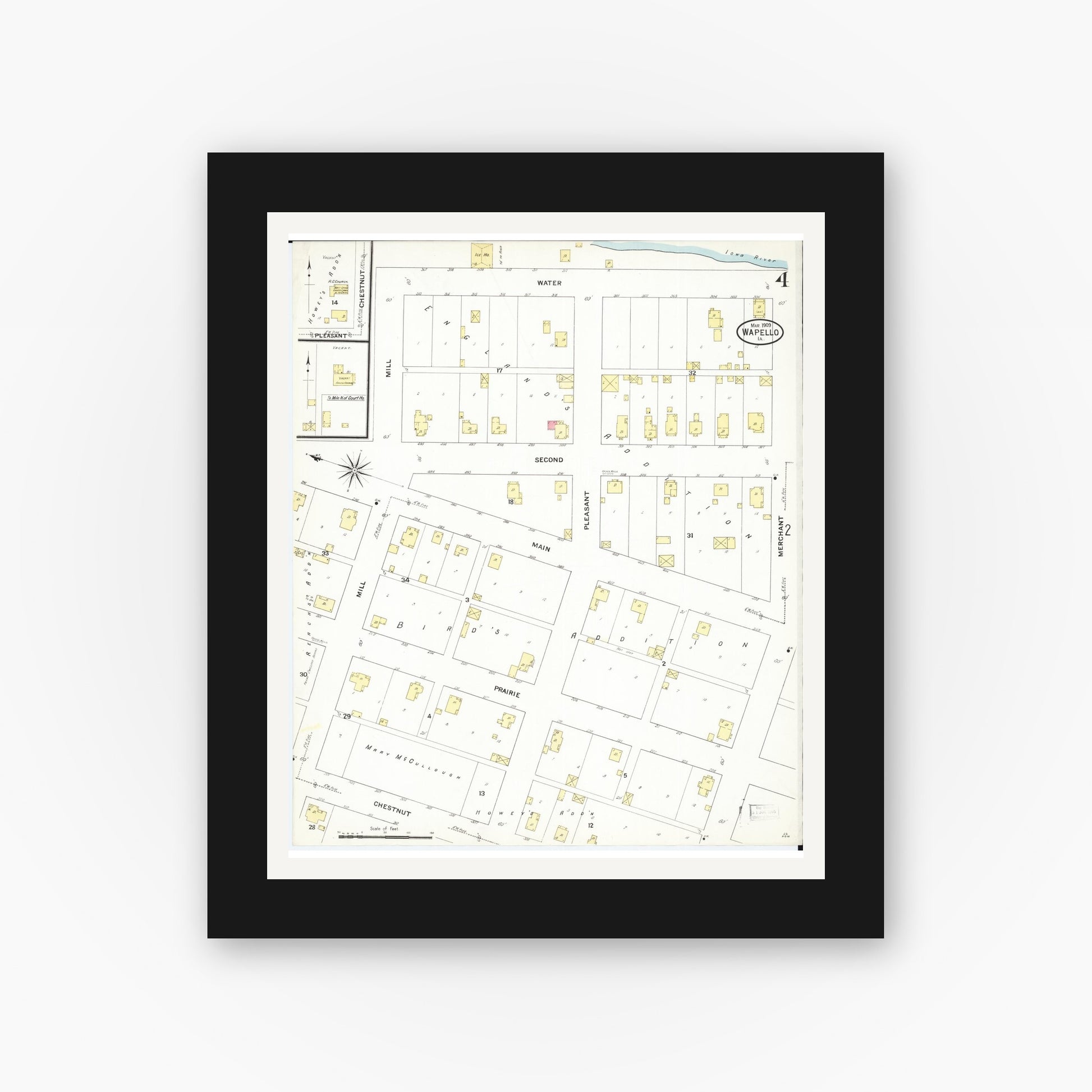 Old map wall art mockup — black gallery frame with white mat — Sanborn Fire Insurance Map from Wapello, Louisa County, Iowa (1909), Sheet #0004