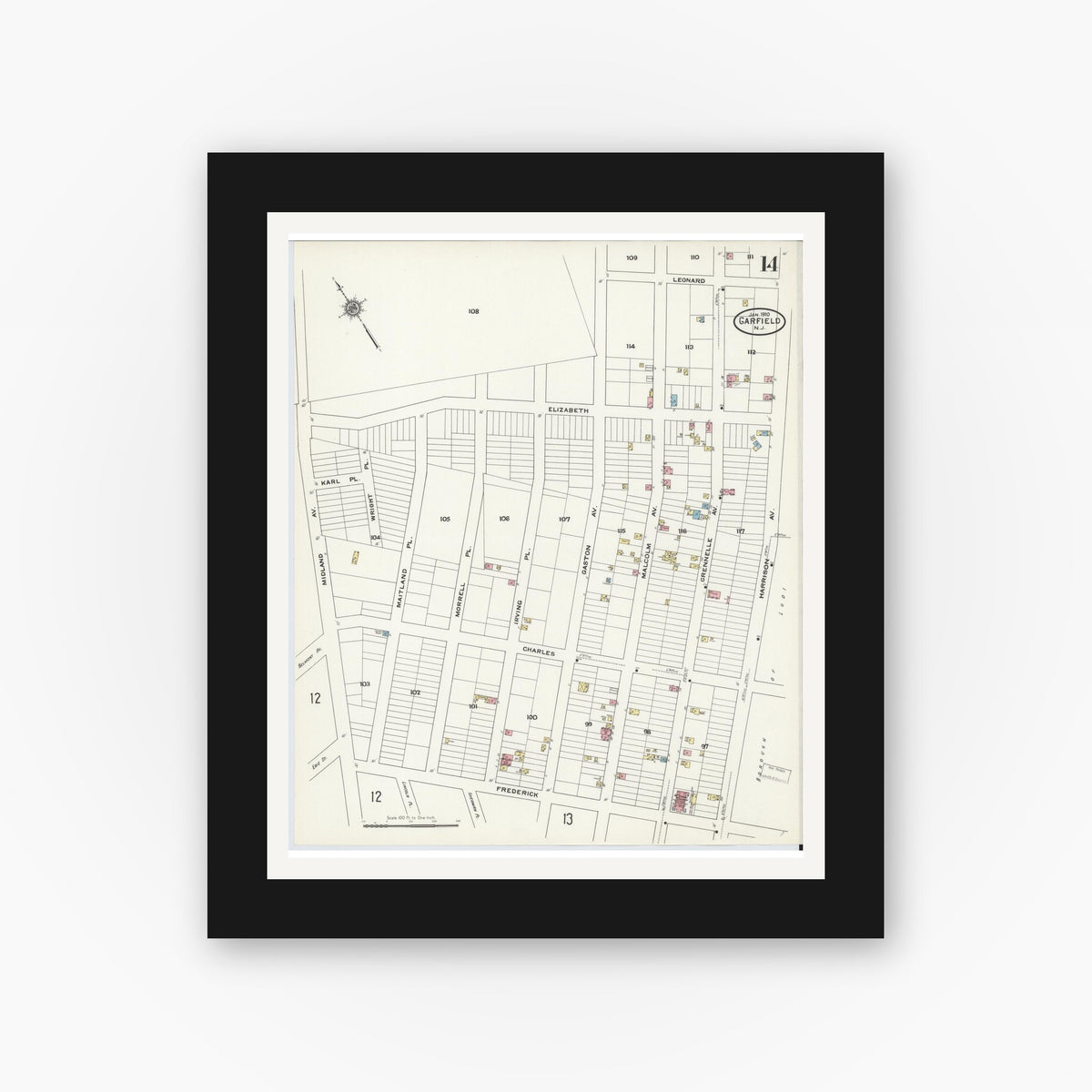 Old map wall art mockup — black gallery frame with white mat — Sanborn Fire Insurance Map from Garfield, Bergen County, New Jersey (1910), Sheet #0014