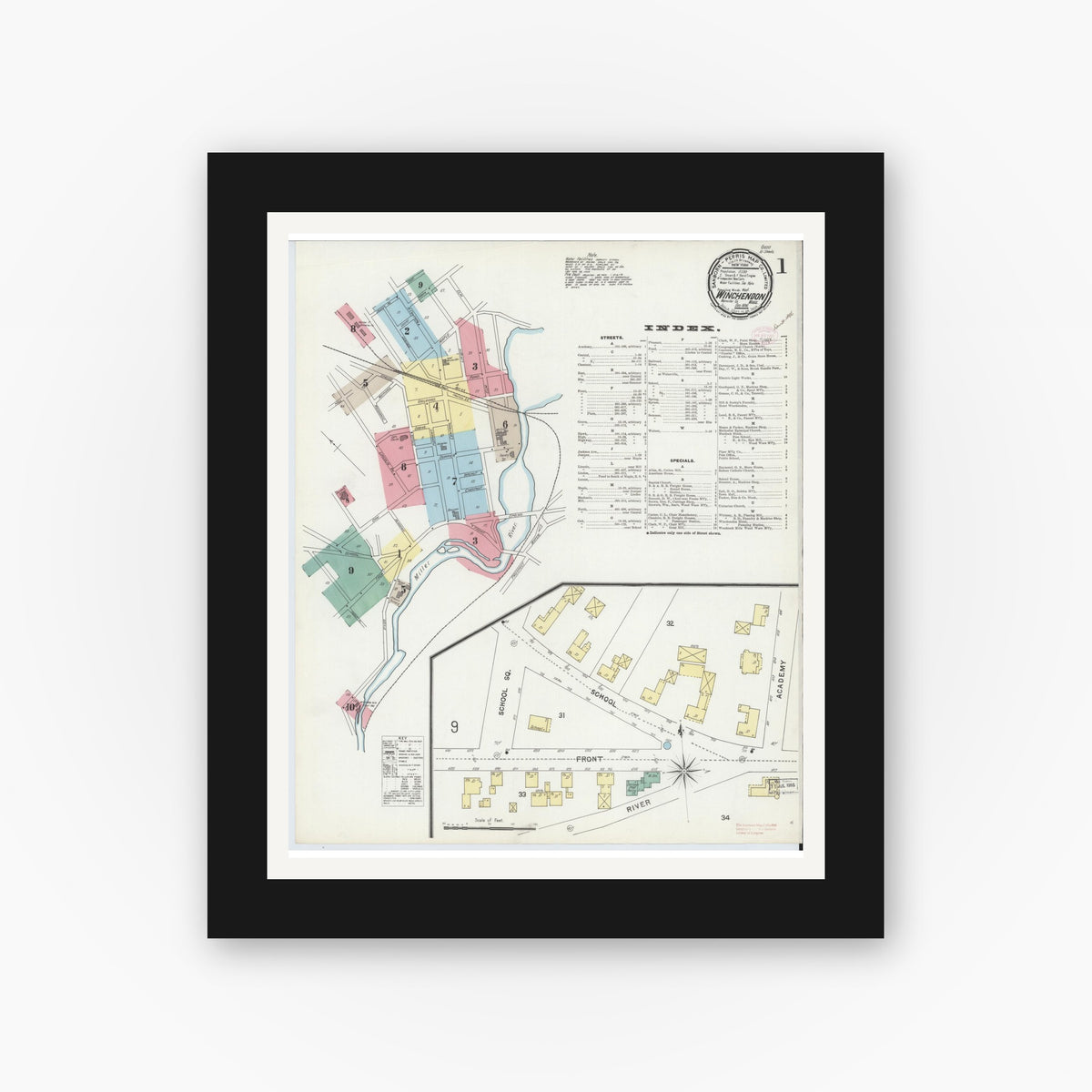Old map wall art mockup — black gallery frame with white mat — Sanborn Fire Insurance Map from Winchendon, Worcester County, Massachusetts (1896) - Complete Map Set