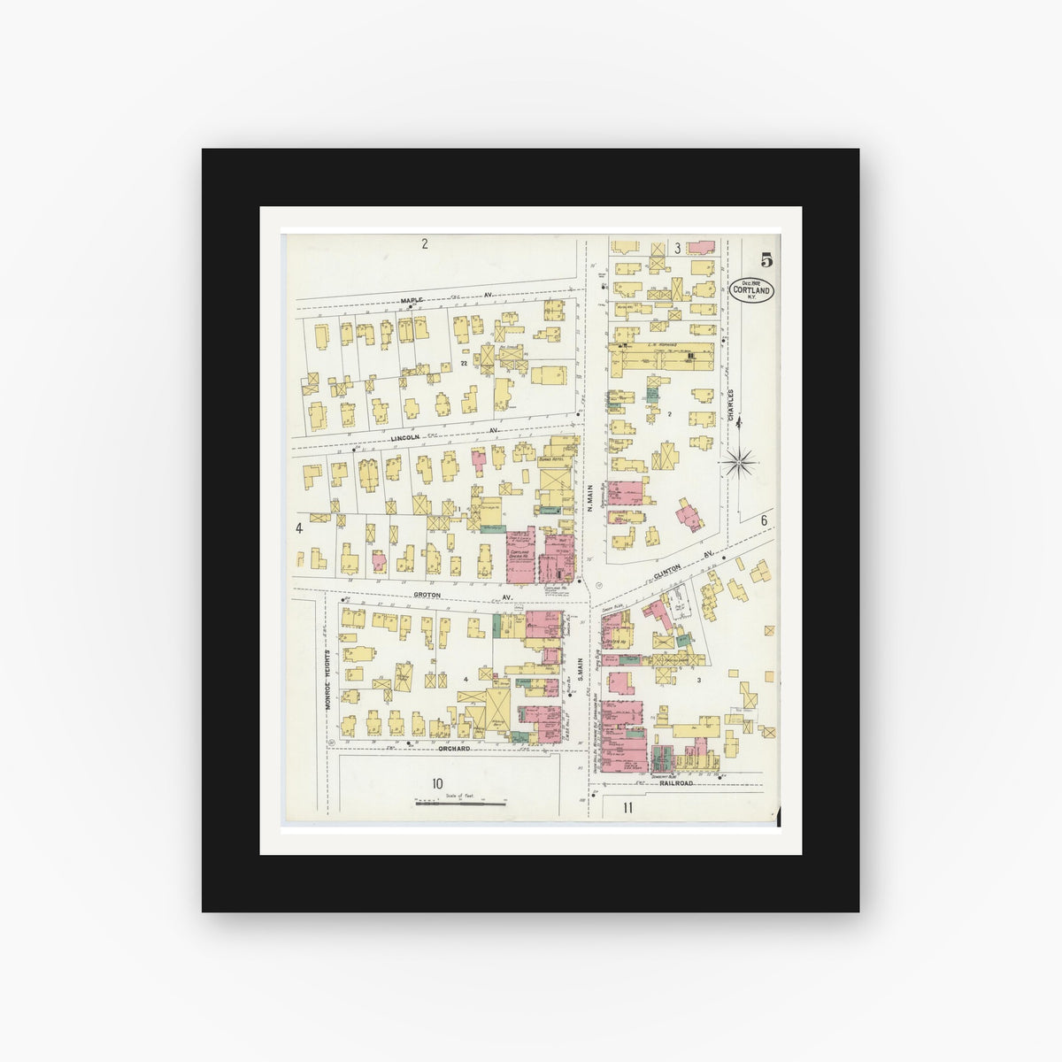 Old map wall art mockup — black gallery frame with white mat — Sanborn Fire Insurance Map from Cortland, Cortland County, New York (1902), Sheet #0005