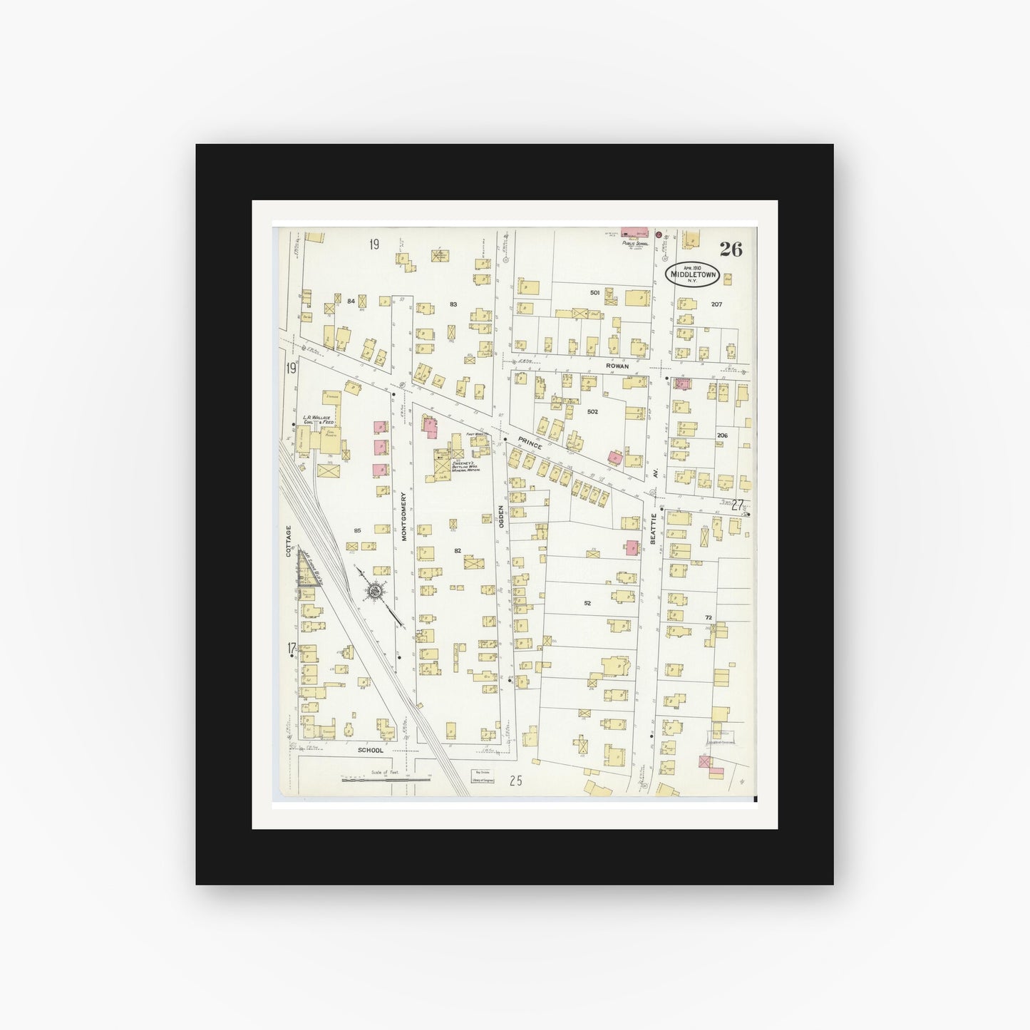 Old map wall art mockup — black gallery frame with white mat — Sanborn Fire Insurance Map from Middletown, Orange County, New York (1910), Sheet #0026