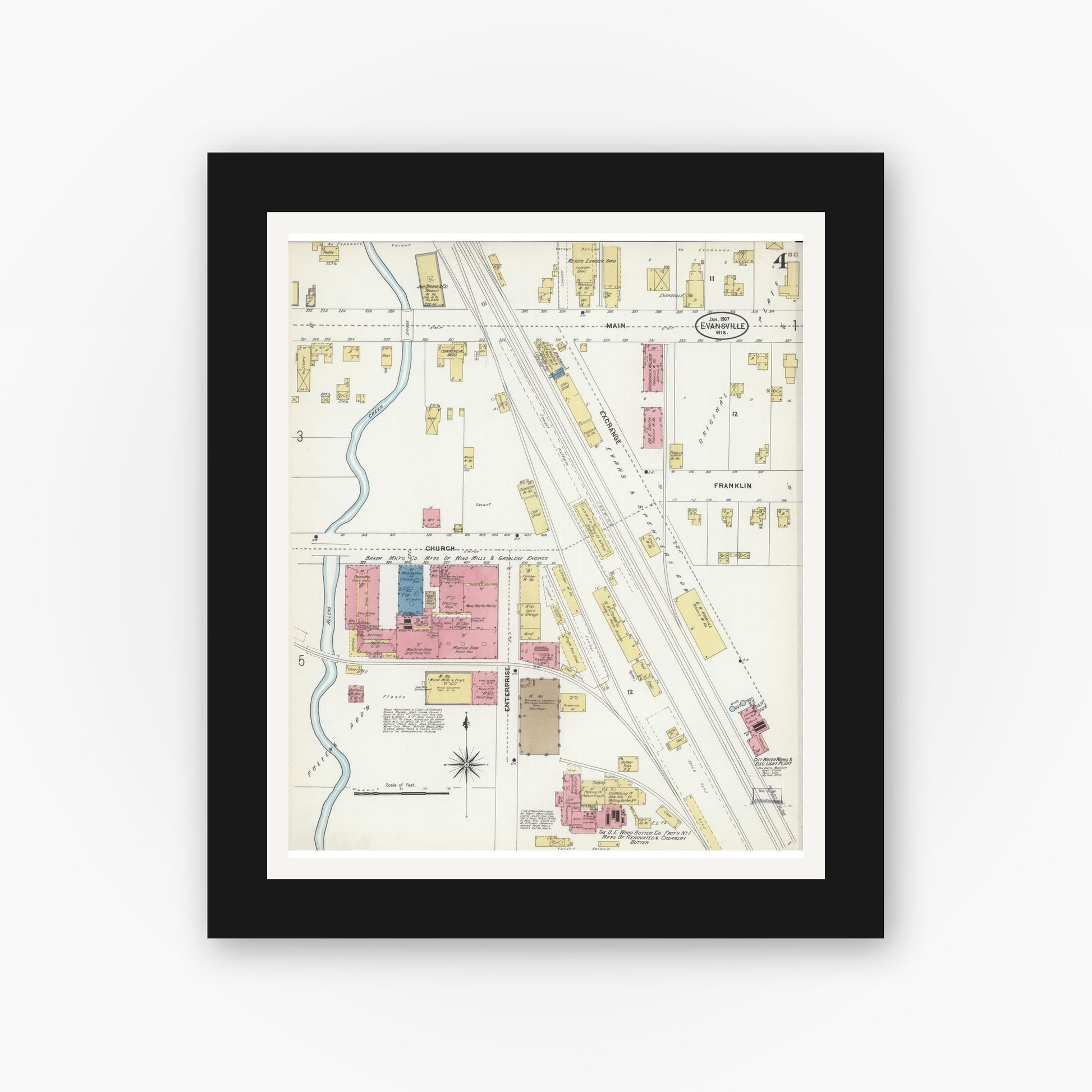 Old map wall art mockup — black gallery frame with white mat — Sanborn Fire Insurance Map from Evansville, Rock County, Wisconsin (1907), Sheet #0004