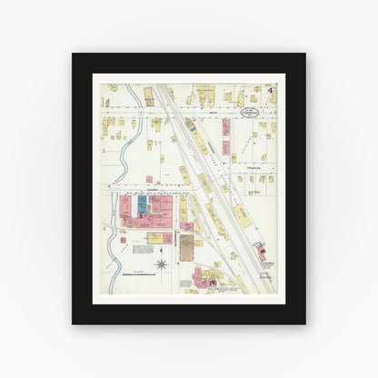 Old map wall art mockup — black gallery frame with white mat — Sanborn Fire Insurance Map from Evansville, Rock County, Wisconsin (1907), Sheet #0004