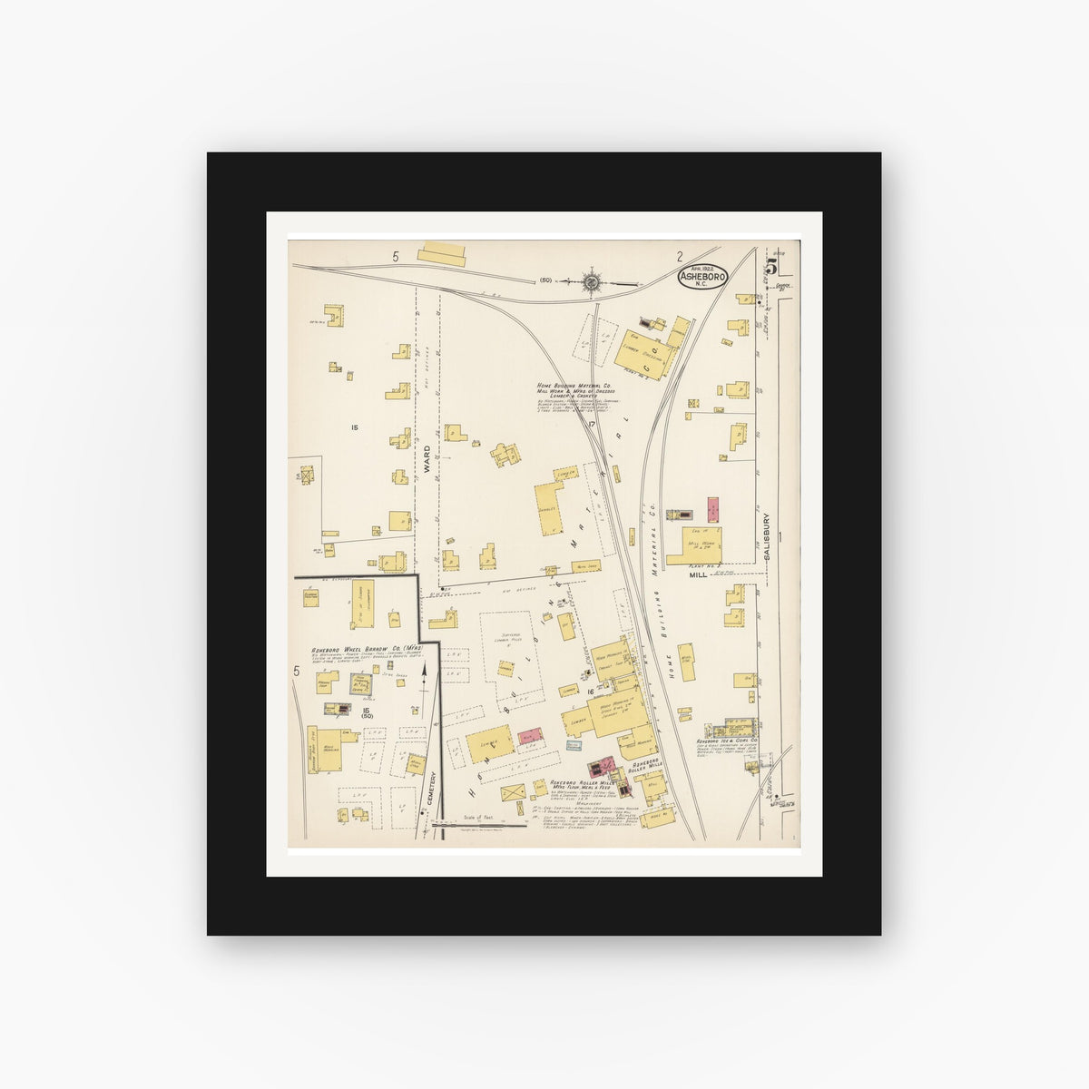 Old map wall art mockup — black gallery frame with white mat — Sanborn Fire Insurance Map from Asheboro, Randolph County, North Carolina (1922), Sheet #0005
