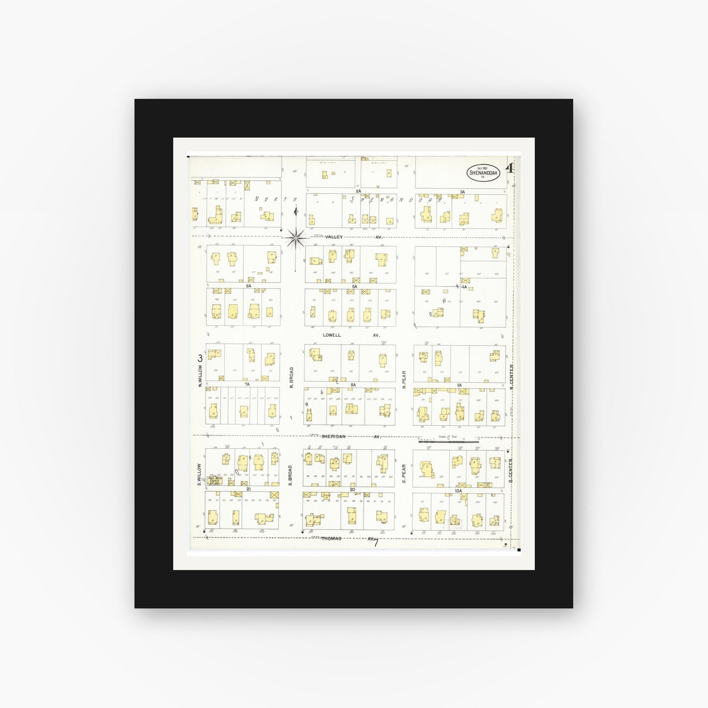 Old map wall art mockup — black gallery frame with white mat — Sanborn Fire Insurance Map from Shenandoah, Page County, Iowa (1901), Sheet #0004