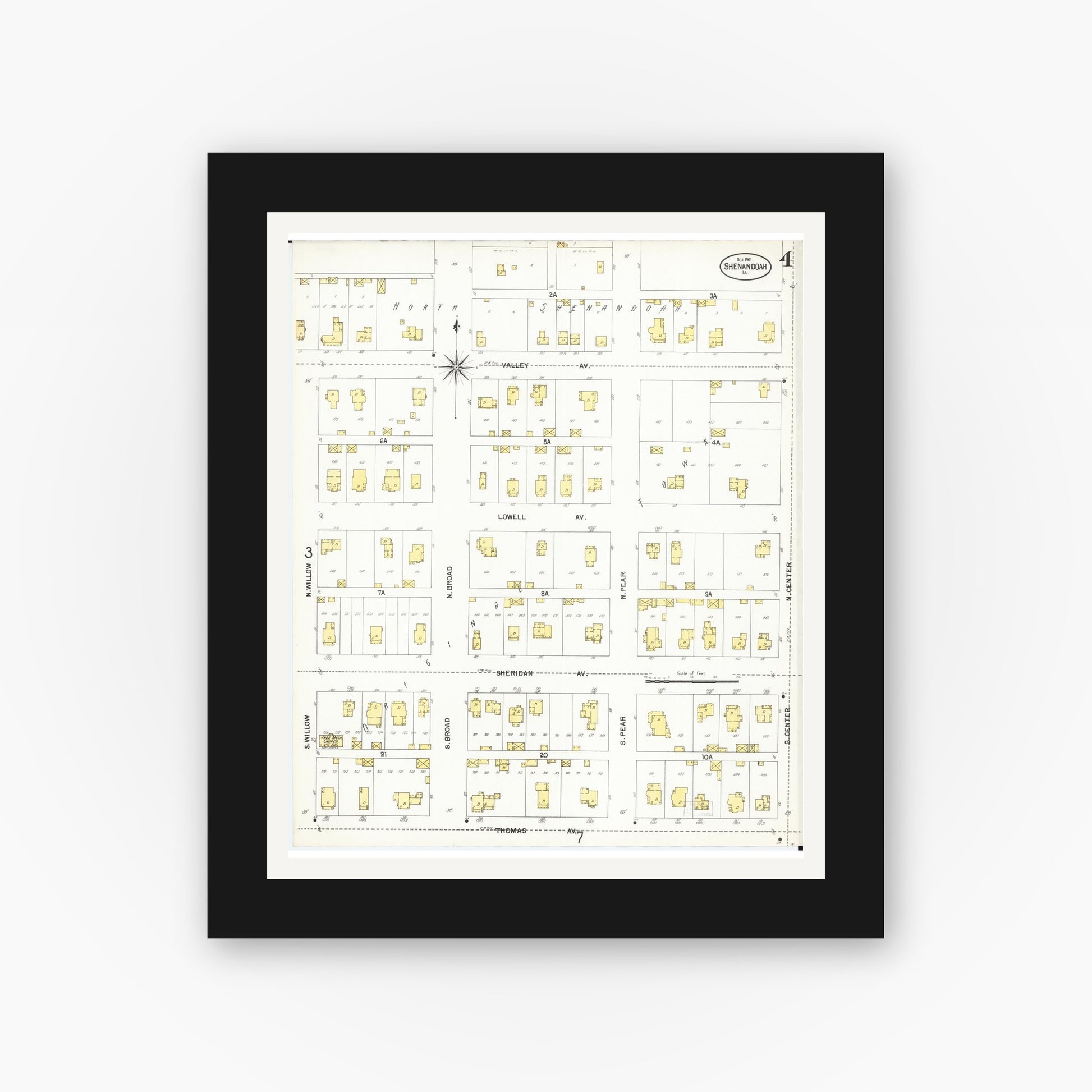 Old map wall art mockup — black gallery frame with white mat — Sanborn Fire Insurance Map from Shenandoah, Page County, Iowa (1901), Sheet #0004