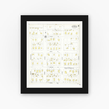 Old map wall art mockup — black gallery frame with white mat — Sanborn Fire Insurance Map from Shenandoah, Page County, Iowa (1901), Sheet #0004