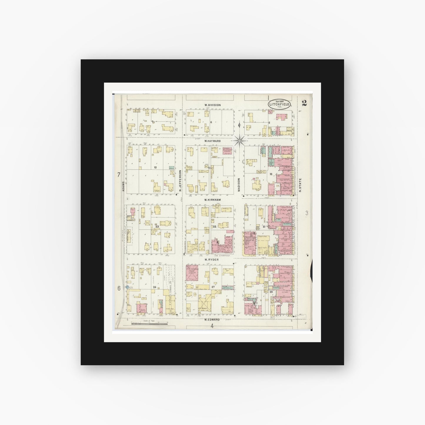 Old map wall art mockup — black gallery frame with white mat — Sanborn Fire Insurance Map from Litchfield, Montgomery County, Illinois (1897), Sheet #0002