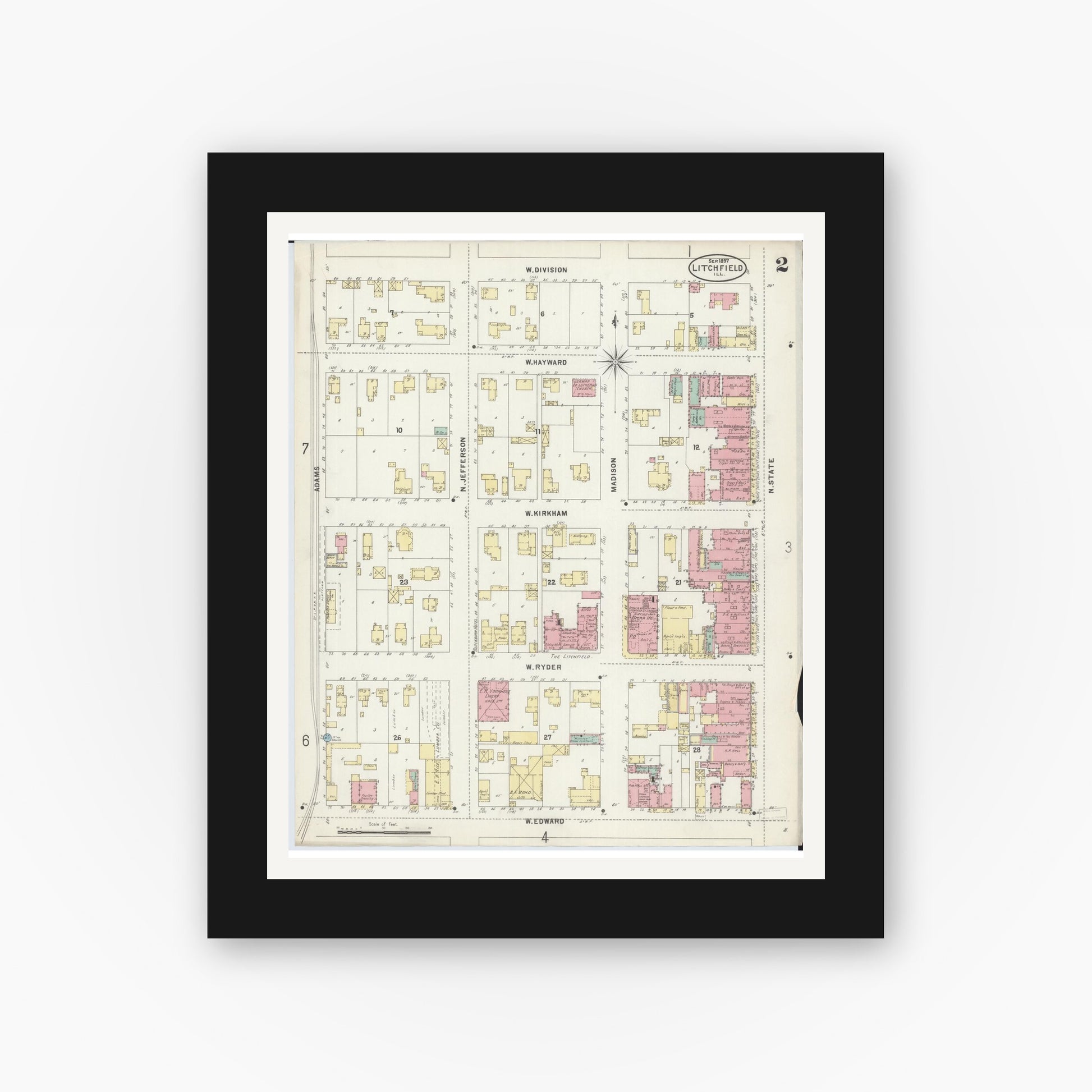 Old map wall art mockup — black gallery frame with white mat — Sanborn Fire Insurance Map from Litchfield, Montgomery County, Illinois (1897), Sheet #0002