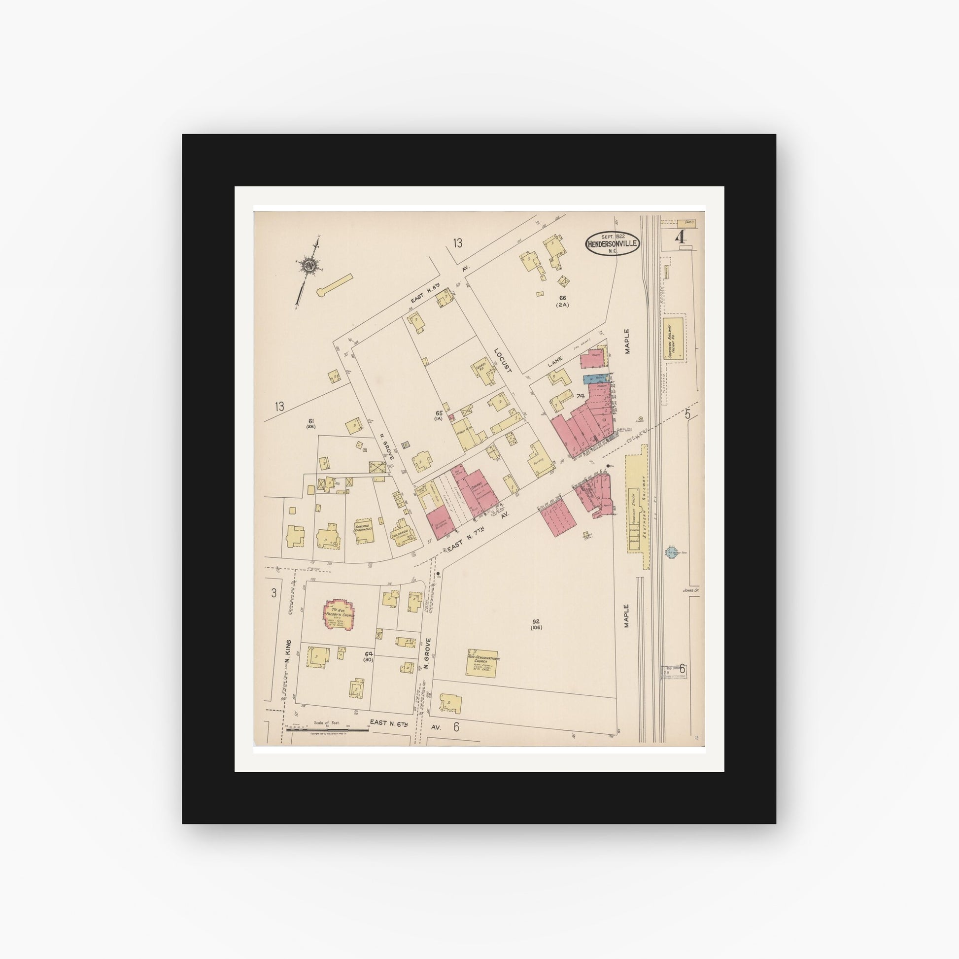 Old map wall art mockup — black gallery frame with white mat — Sanborn Fire Insurance Map from Hendersonville, Henderson County, North Carolina (1922), Sheet #0004
