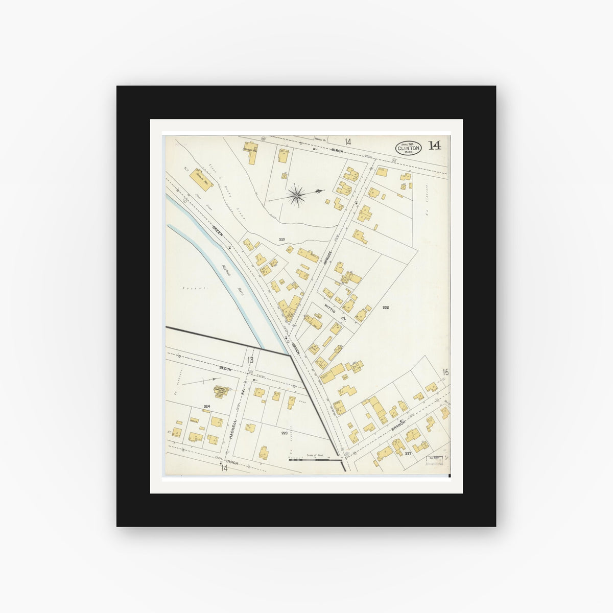 Old map wall art mockup — black gallery frame with white mat — Sanborn Fire Insurance Map from Clinton, Worcester County, Massachusetts (1904), Sheet #0014