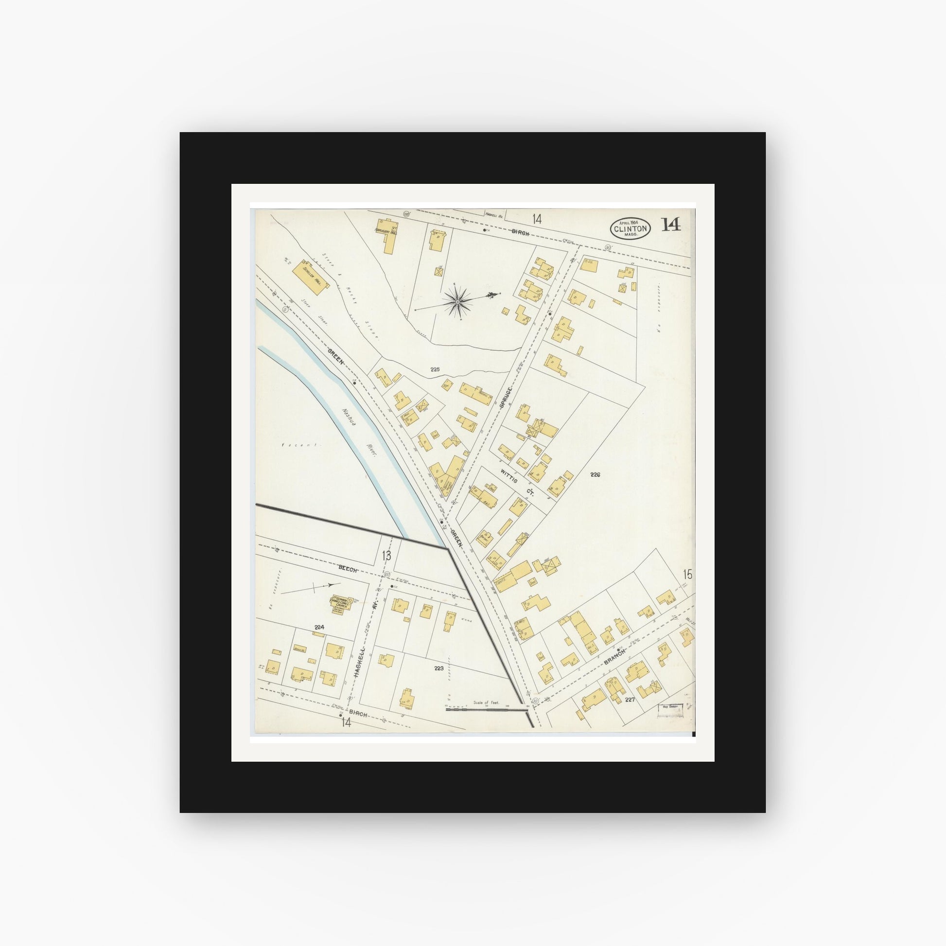 Old map wall art mockup — black gallery frame with white mat — Sanborn Fire Insurance Map from Clinton, Worcester County, Massachusetts (1904), Sheet #0014