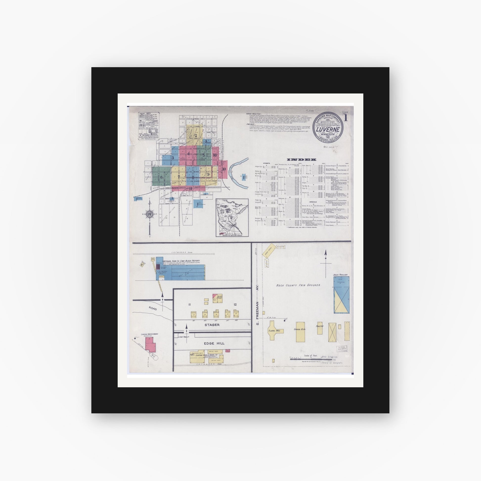 Old map wall art mockup — black gallery frame with white mat — Sanborn Fire Insurance Map from Luverne, Rock County, Minnesota (1921) - Complete Map Set