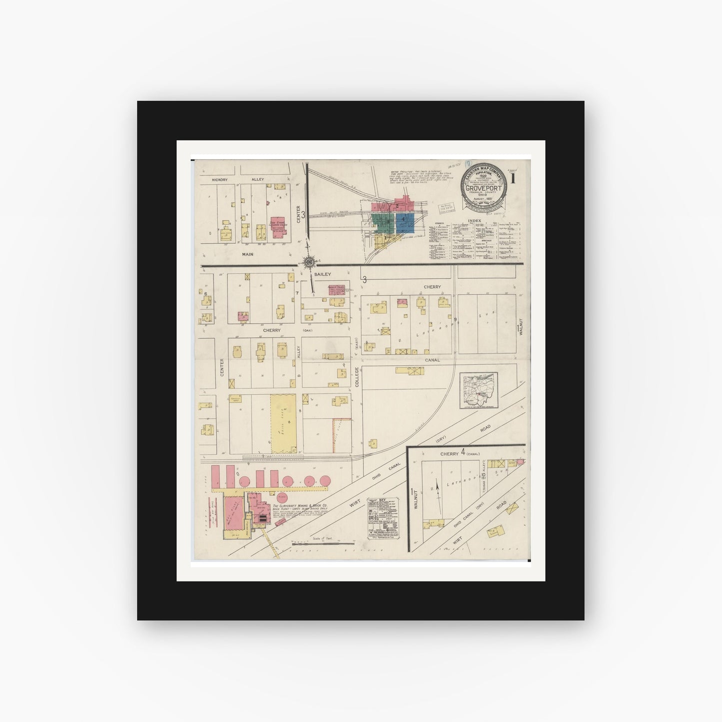 Old map wall art mockup — black gallery frame with white mat — Sanborn Fire Insurance Map from Groveport, Franklin County, Ohio (1922), Sheet #0001