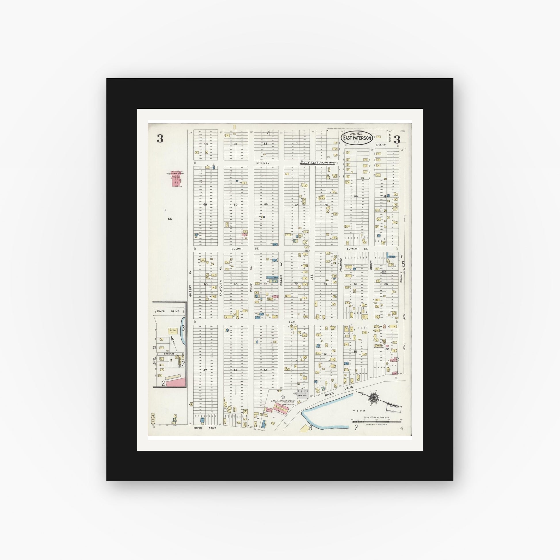 Old map wall art mockup — black gallery frame with white mat — Sanborn Fire Insurance Map from East Paterson, Bergen County, New Jersey (1925), Sheet #0003