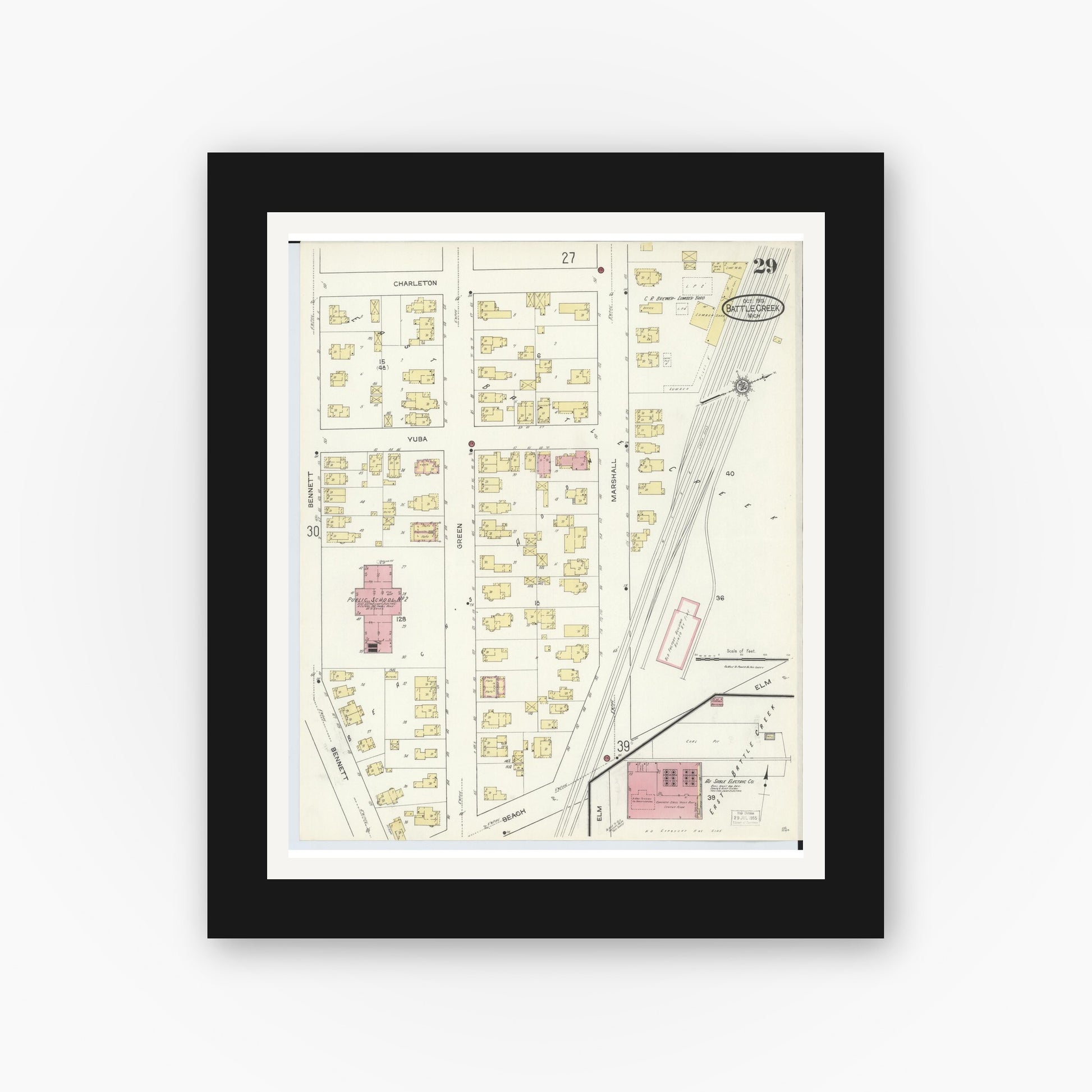 Old map wall art mockup — black gallery frame with white mat — Sanborn Fire Insurance Map from Battle Creek, Calhoun County, Michigan (1913), Sheet #0029