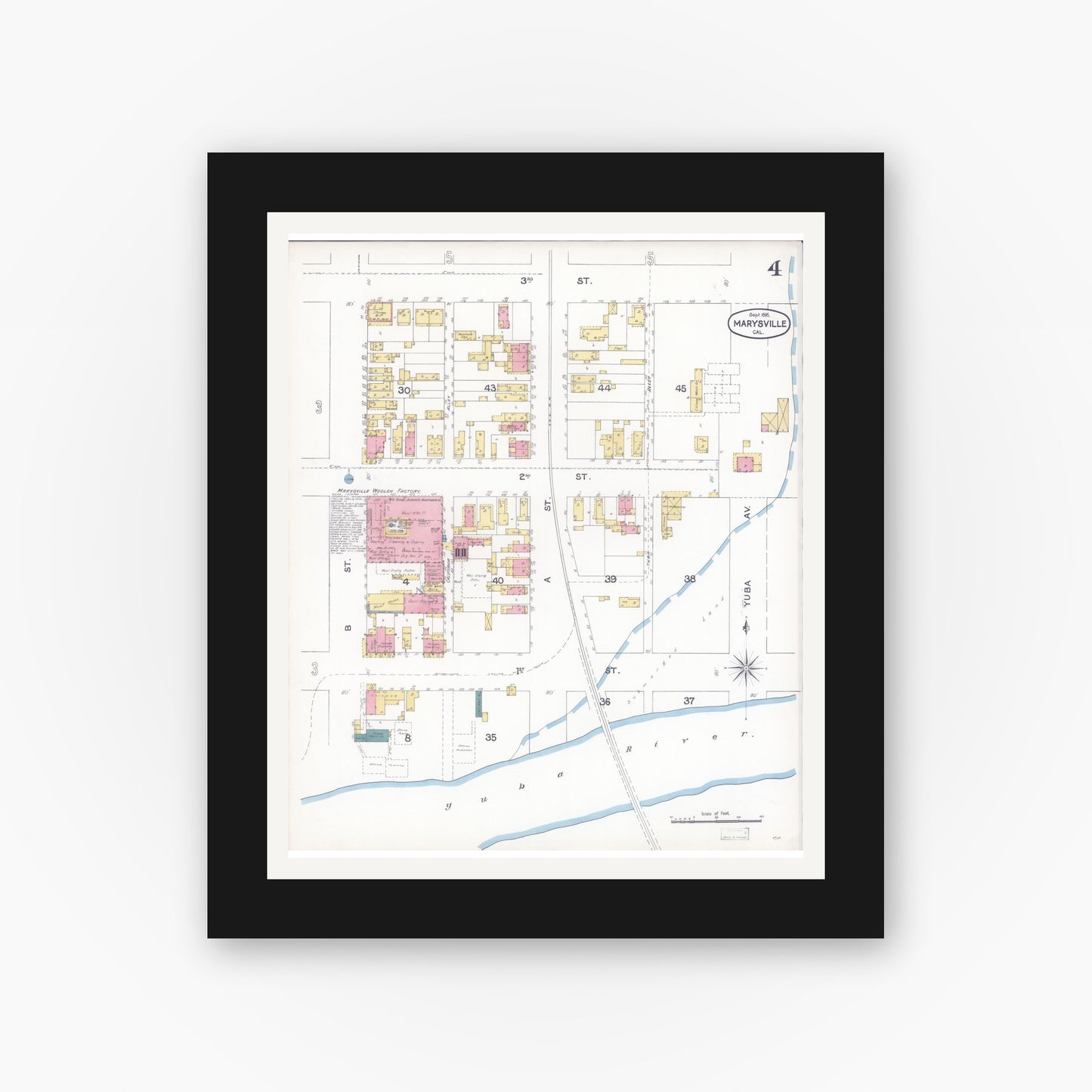 Old map wall art mockup — black gallery frame with white mat — Sanborn Fire Insurance Map from Marysville, Yuba County, California (1895), Sheet #0004