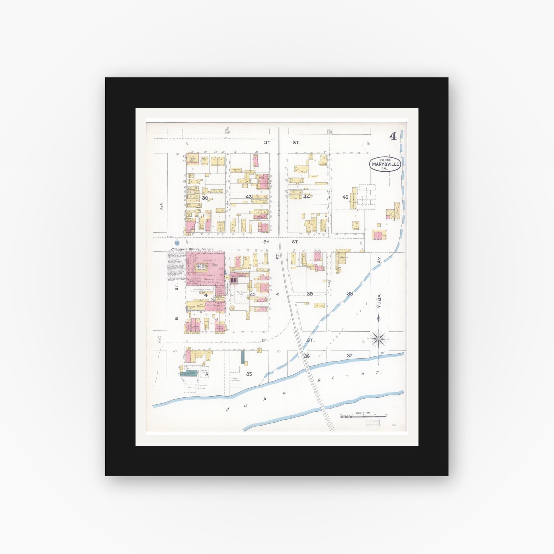 Old map wall art mockup — black gallery frame with white mat — Sanborn Fire Insurance Map from Marysville, Yuba County, California (1895), Sheet #0004