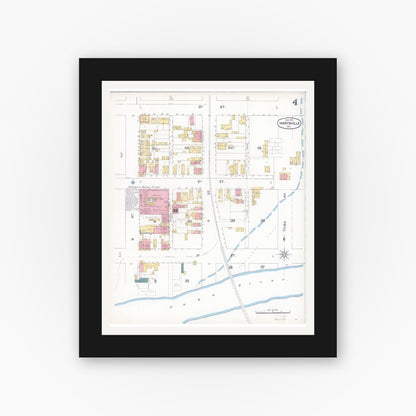 Old map wall art mockup — black gallery frame with white mat — Sanborn Fire Insurance Map from Marysville, Yuba County, California (1895), Sheet #0004