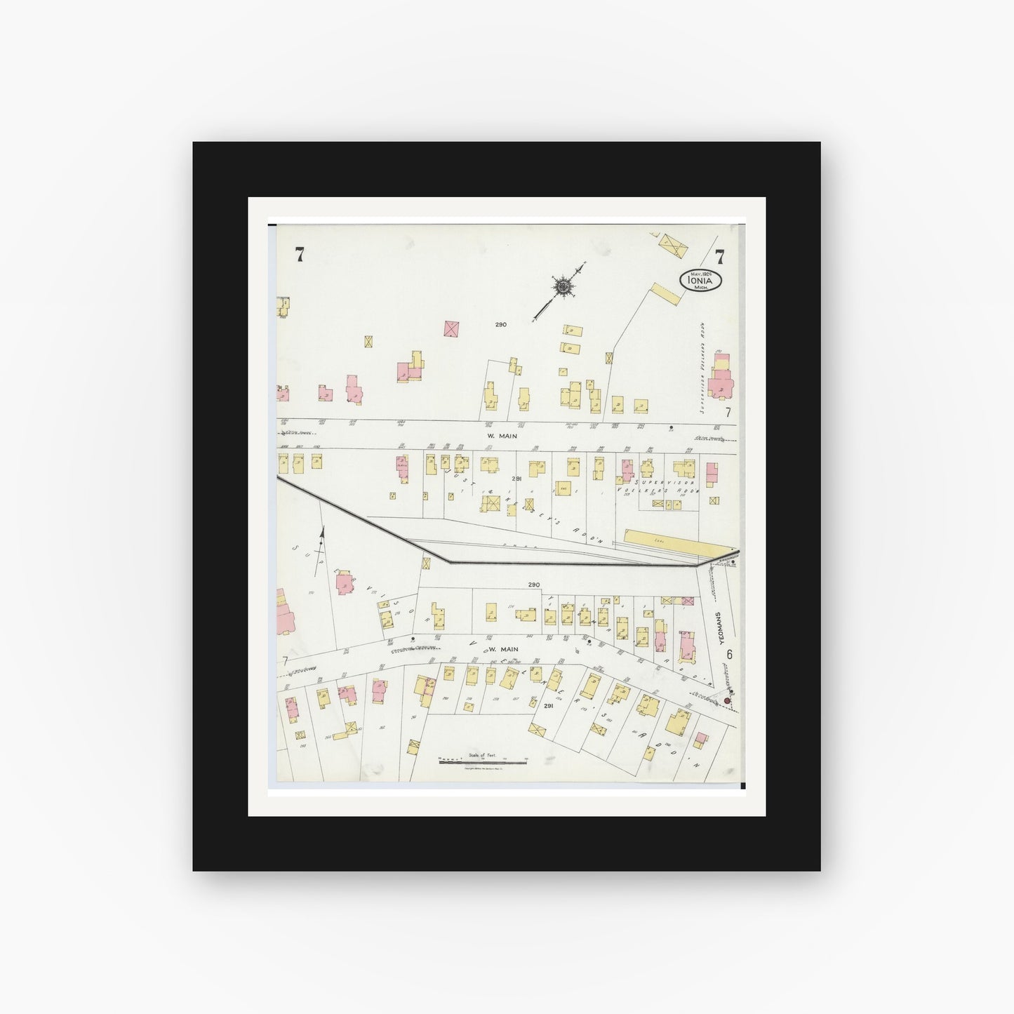 Old map wall art mockup — black gallery frame with white mat — Sanborn Fire Insurance Map from Ionia, Ionia County, Michigan (1924), Sheet #0007
