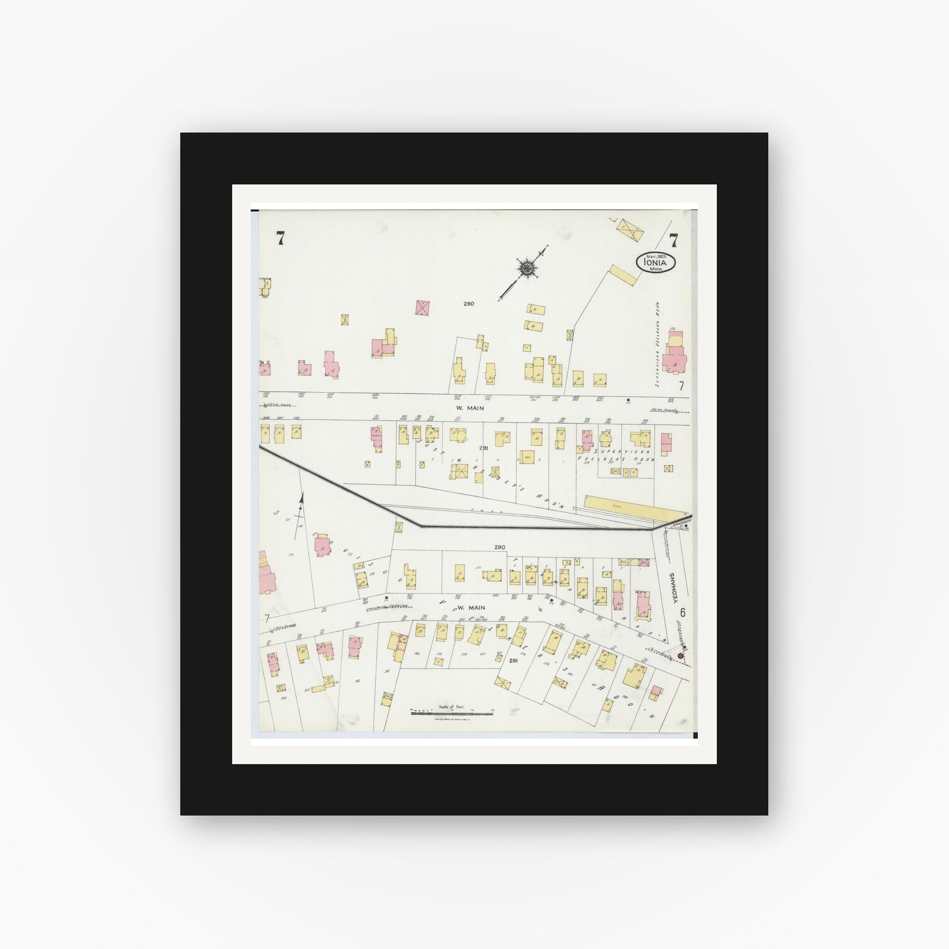 Old map wall art mockup — black gallery frame with white mat — Sanborn Fire Insurance Map from Ionia, Ionia County, Michigan (1924), Sheet #0007