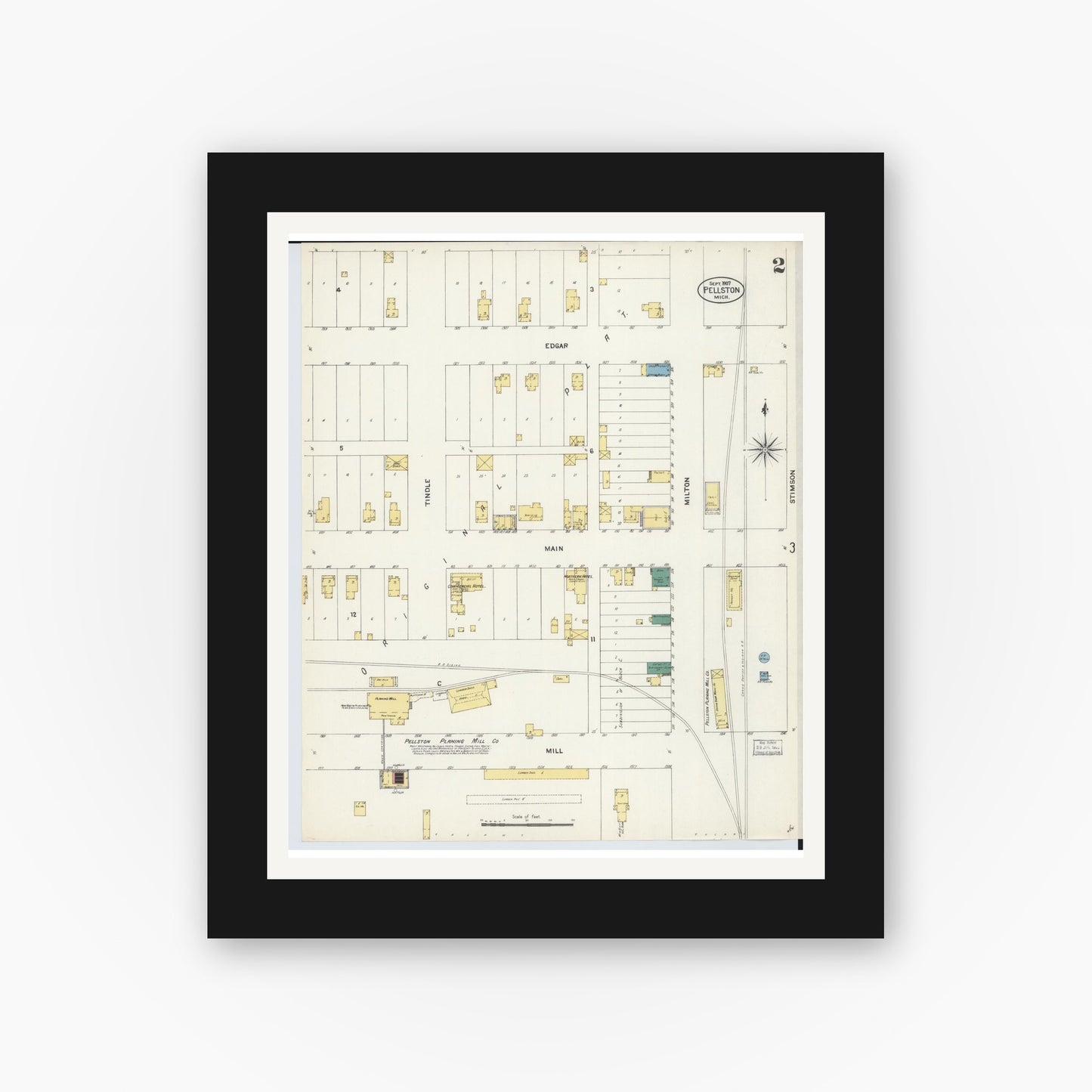 Old map wall art mockup — black gallery frame with white mat — Sanborn Fire Insurance Map from Pellston, Emmet County, Michigan (1907), Sheet #0002