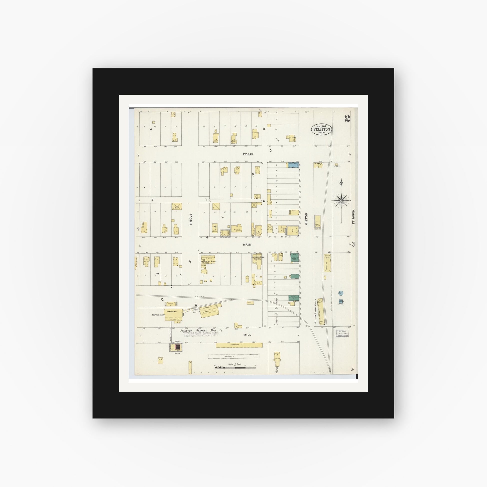 Old map wall art mockup — black gallery frame with white mat — Sanborn Fire Insurance Map from Pellston, Emmet County, Michigan (1907), Sheet #0002