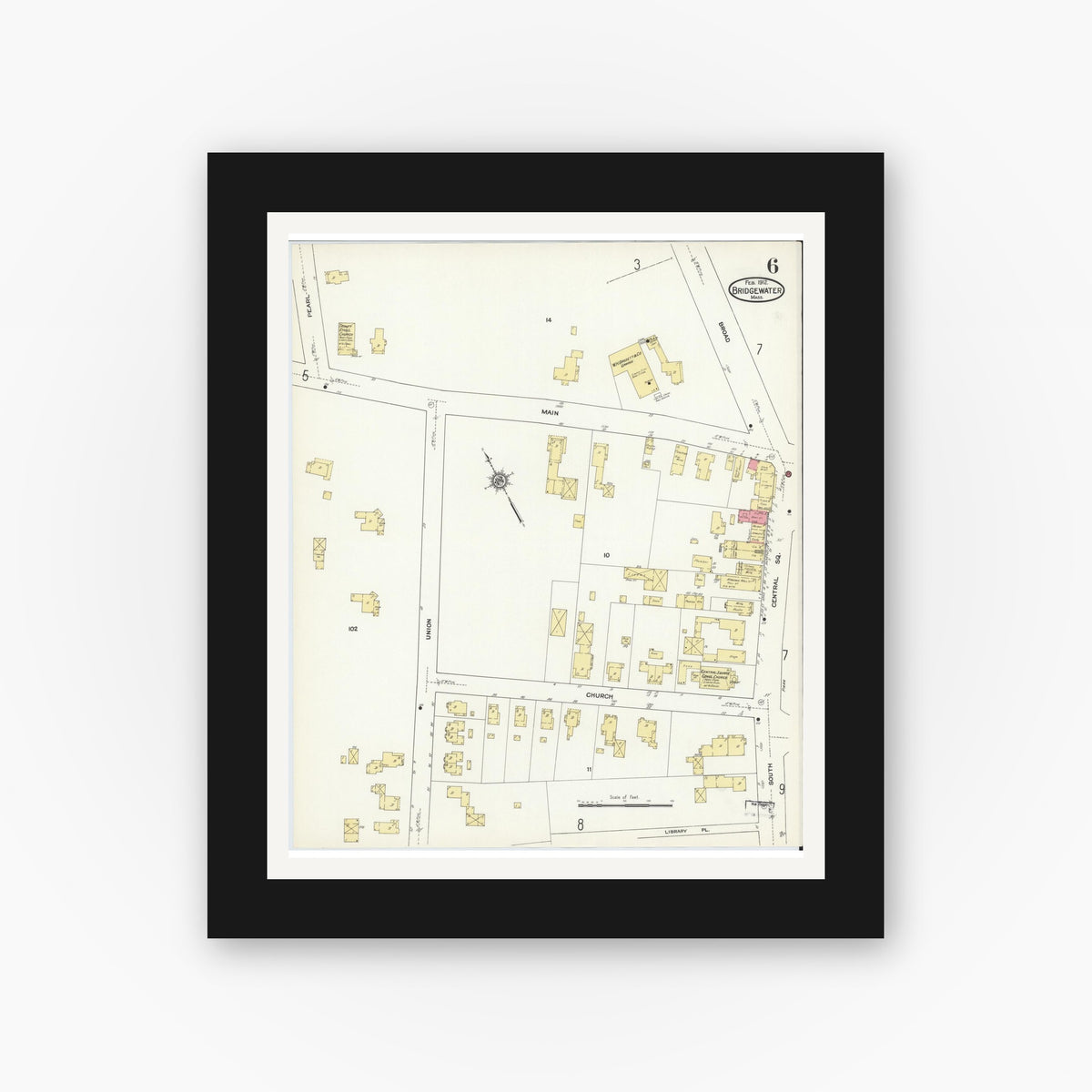 Old map wall art mockup — black gallery frame with white mat — Sanborn Fire Insurance Map from Bridgewater, Plymouth County, Massachusetts (1912), Sheet #0006