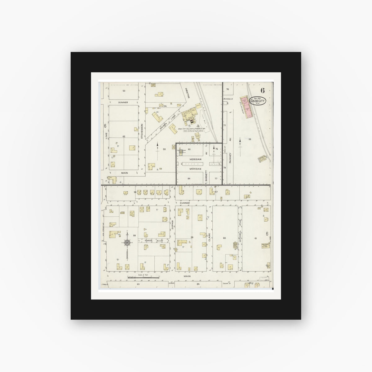 Old map wall art mockup — black gallery frame with white mat — Sanborn Fire Insurance Map from Dade City, Pasco County, Florida (1914), Sheet #0006