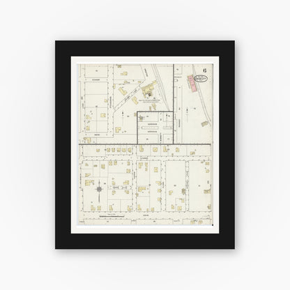 Old map wall art mockup — black gallery frame with white mat — Sanborn Fire Insurance Map from Dade City, Pasco County, Florida (1914), Sheet #0006