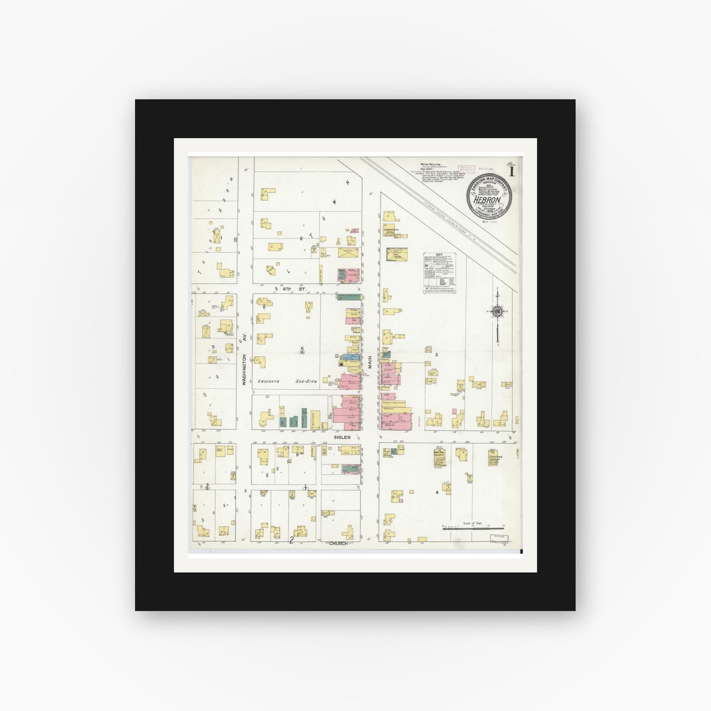Old map wall art mockup — black gallery frame with white mat — Sanborn Fire Insurance Map from Hebron, Porter County, Indiana (1909), Sheet #0001