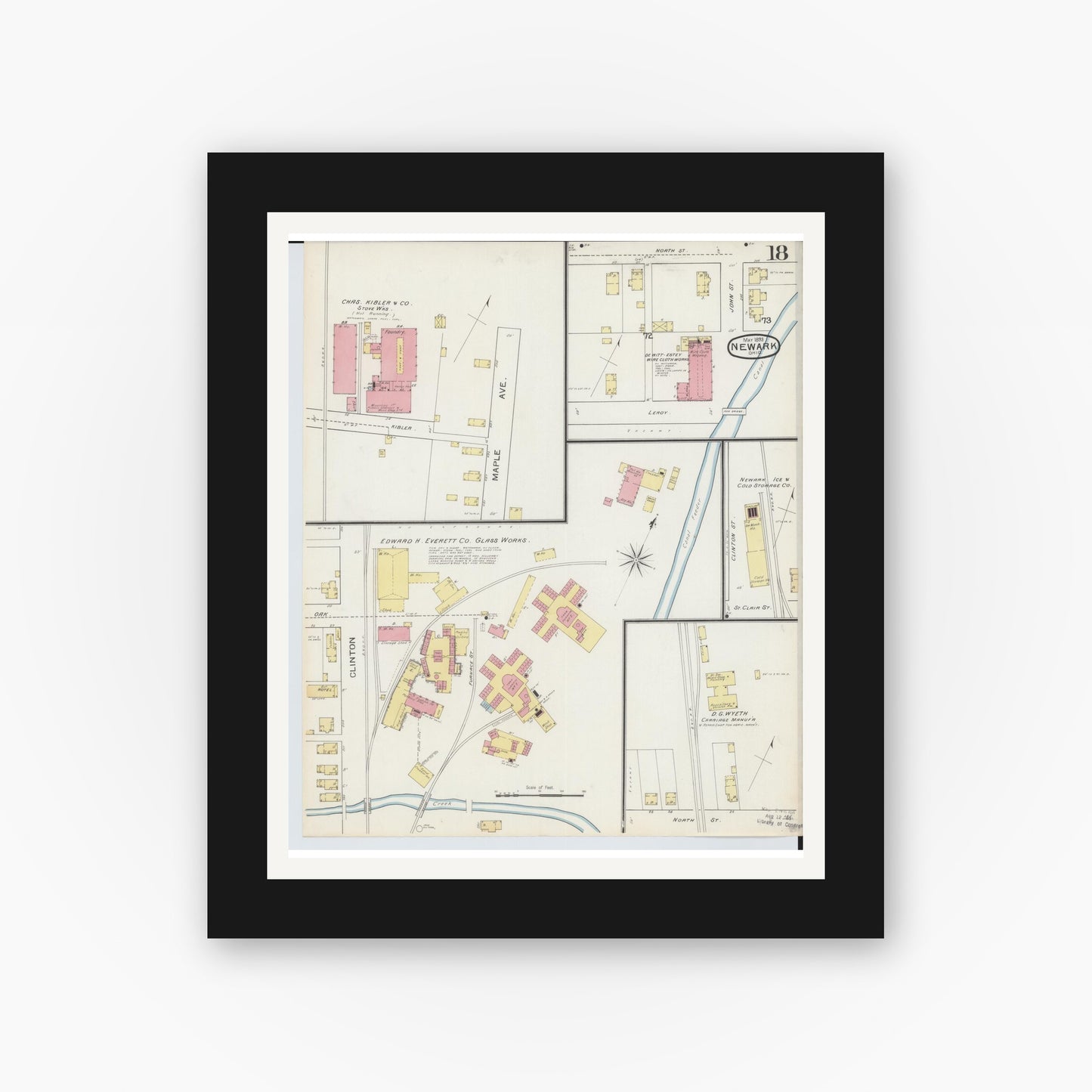 Old map wall art mockup — black gallery frame with white mat — Sanborn Fire Insurance Map from Newark, Licking County, Ohio (1893), Sheet #0018