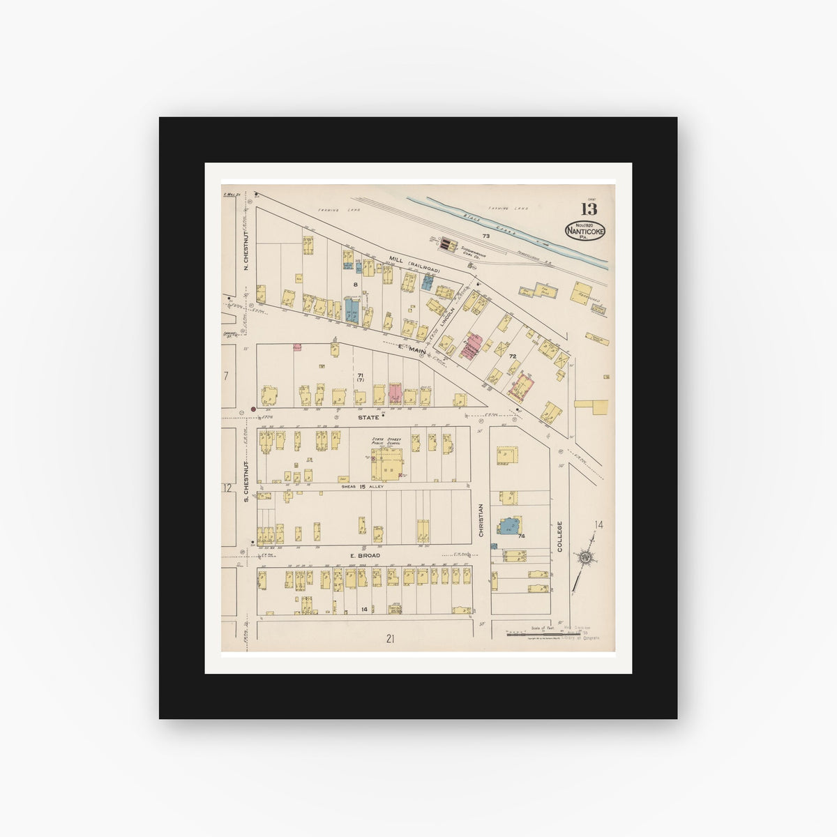 Old map wall art mockup — black gallery frame with white mat — Sanborn Fire Insurance Map from Nanticoke, Luzerne County, Pennsylvania (1920), Sheet #0013