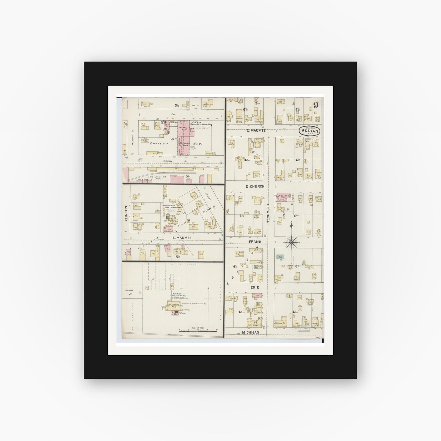Old map wall art mockup — black gallery frame with white mat — Sanborn Fire Insurance Map from Adrian, Lenawee County, Michigan (1888), Sheet #0009